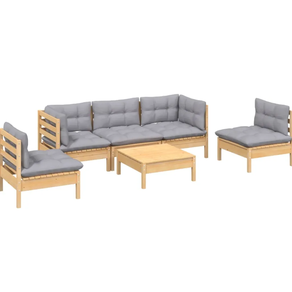 vidaXL 6-delige Loungeset met grijze kussens massief grenenhout