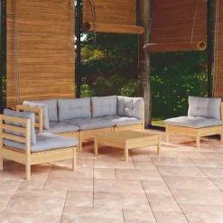 vidaXL 6-delige Loungeset met grijze kussens massief grenenhout