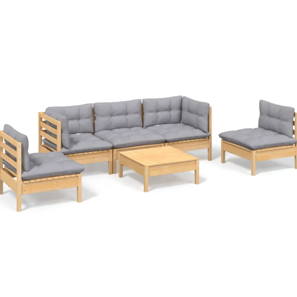 vidaXL 6-delige Loungeset met grijze kussens massief grenenhout