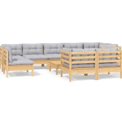 vidaXL 10-delige Loungeset met grijze kussens massief grenenhout