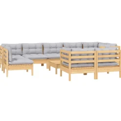 vidaXL 10-delige Loungeset met grijze kussens massief grenenhout