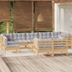 vidaXL 10-delige Loungeset met grijze kussens massief grenenhout