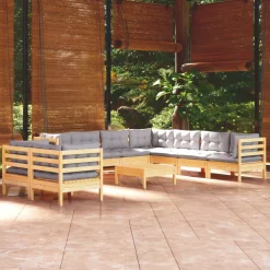 vidaXL 10-delige Loungeset met grijze kussens massief grenenhout