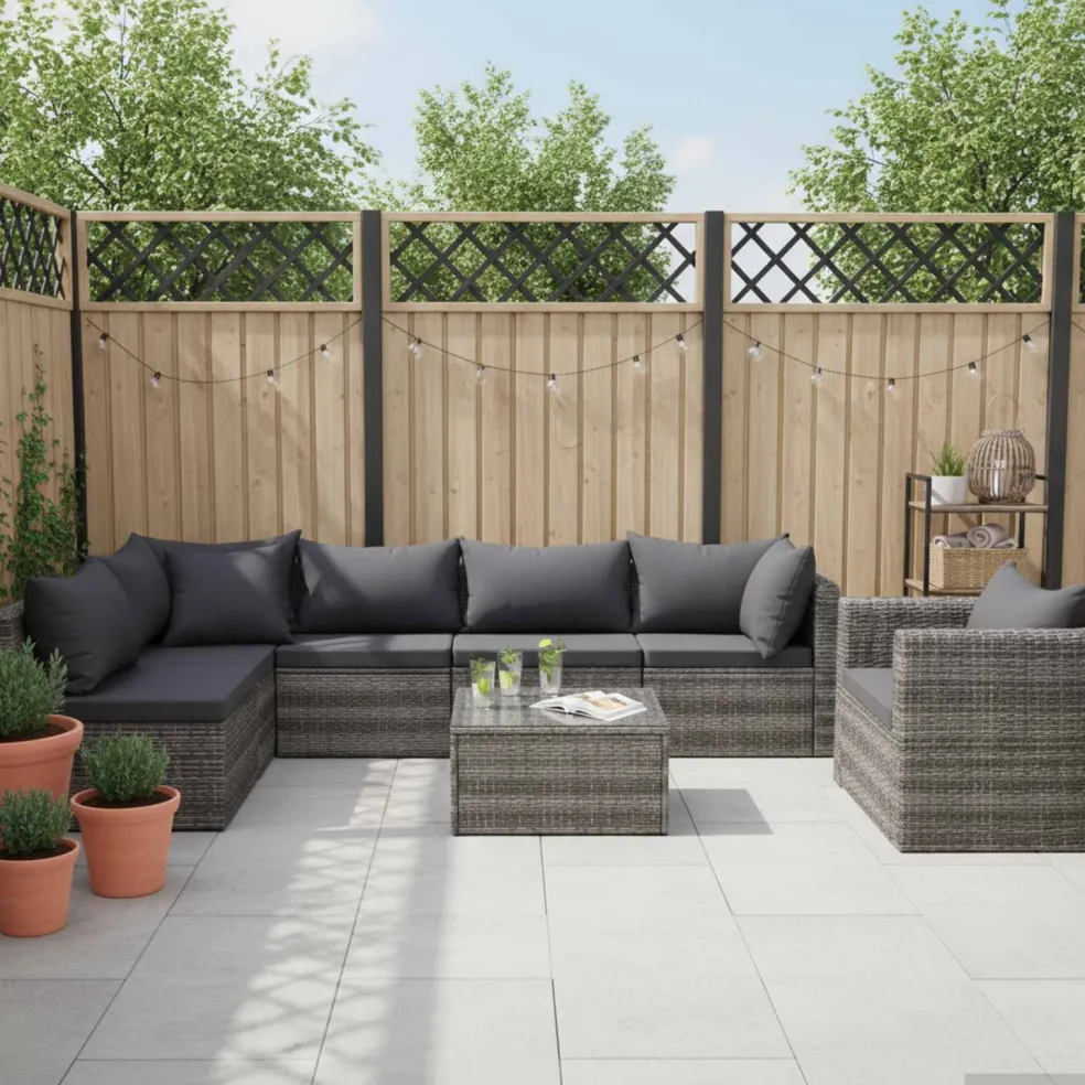 vidaXL 7-delige Loungeset met kussens poly rattan grijs