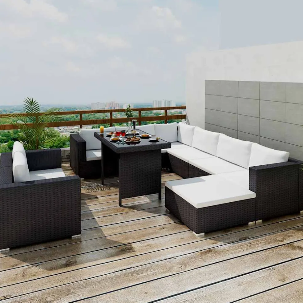 vidaXL 10-delige Loungeset met kussens poly rattan zwart