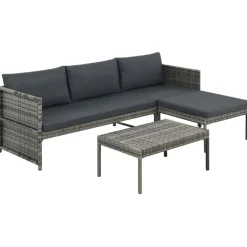 vidaXL 3-delige Loungeset met kussens poly rattan grijs
