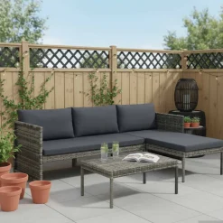 vidaXL 3-delige Loungeset met kussens poly rattan grijs
