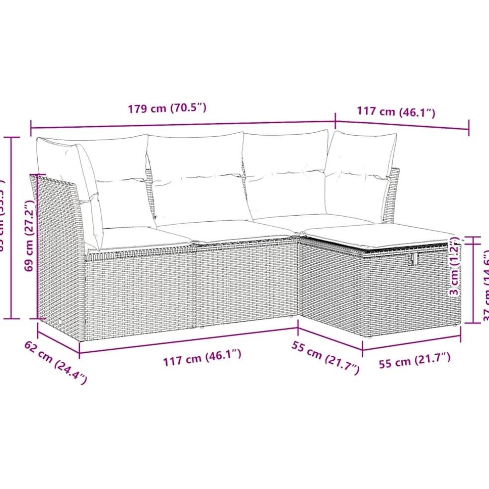 vidaXL 4-delige Loungeset met kussens poly rattan beige