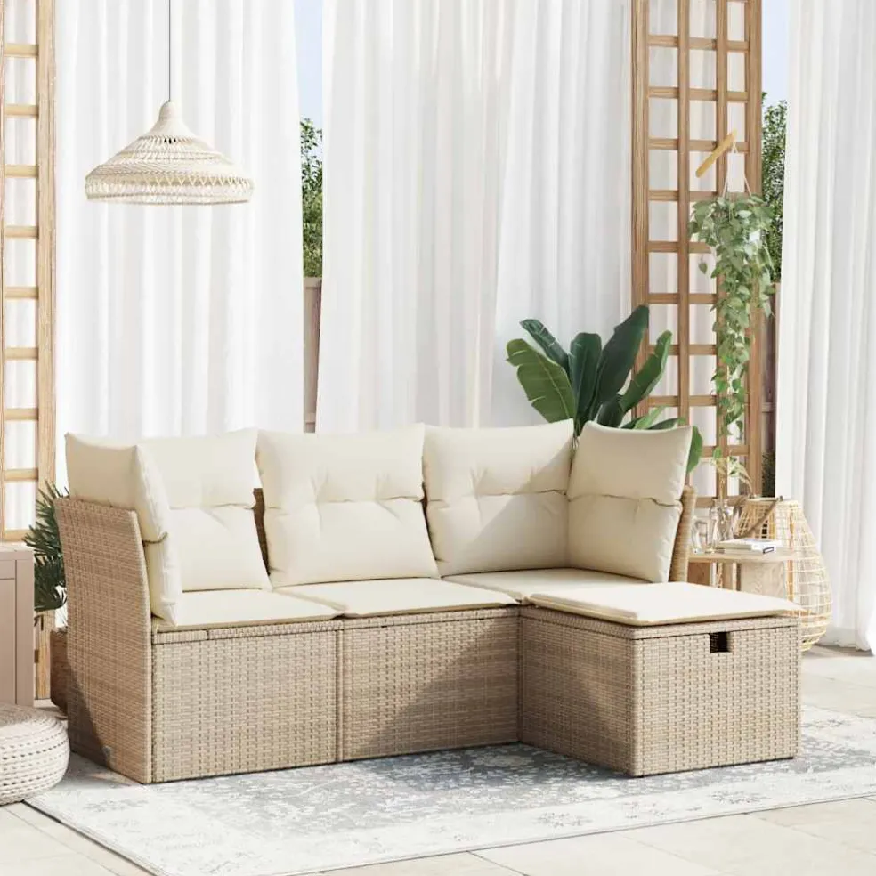 vidaXL 4-delige Loungeset met kussens poly rattan beige