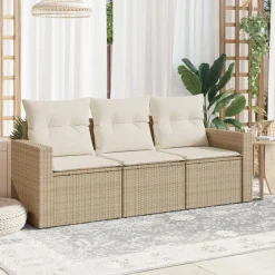 vidaXL 3-delige Loungeset met kussens poly rattan beige