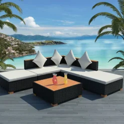 vidaXL 6-delige Loungeset met kussens poly rattan zwart
