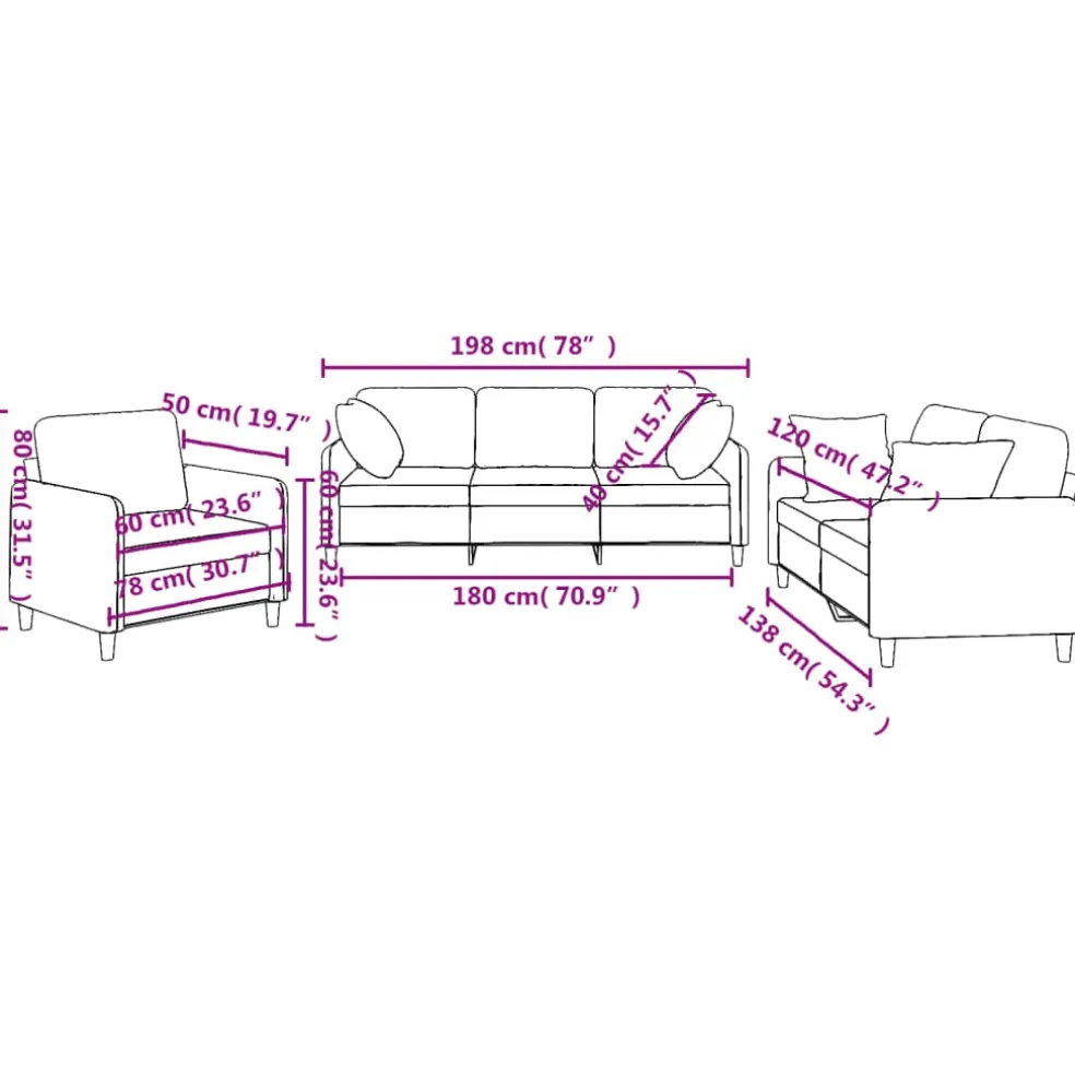 vidaXL 3-delige Loungeset met kussens stof lichtgrijs
