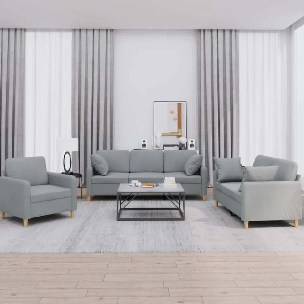 vidaXL 3-delige Loungeset met kussens stof lichtgrijs