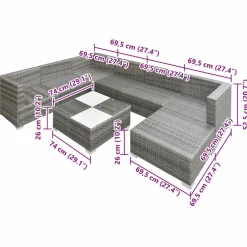 vidaXL 8-delige Loungeset met kussens poly rattan grijs