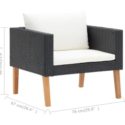 vidaXL 3-delige Loungeset met kussens poly rattan zwart