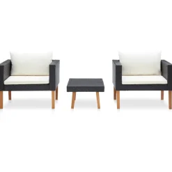 vidaXL 3-delige Loungeset met kussens poly rattan zwart