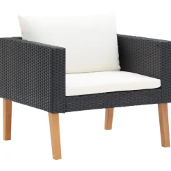 vidaXL 3-delige Loungeset met kussens poly rattan zwart