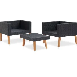 vidaXL 3-delige Loungeset met kussens poly rattan zwart