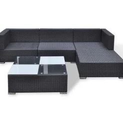 vidaXL 5-delige Loungeset met kussens poly rattan zwart