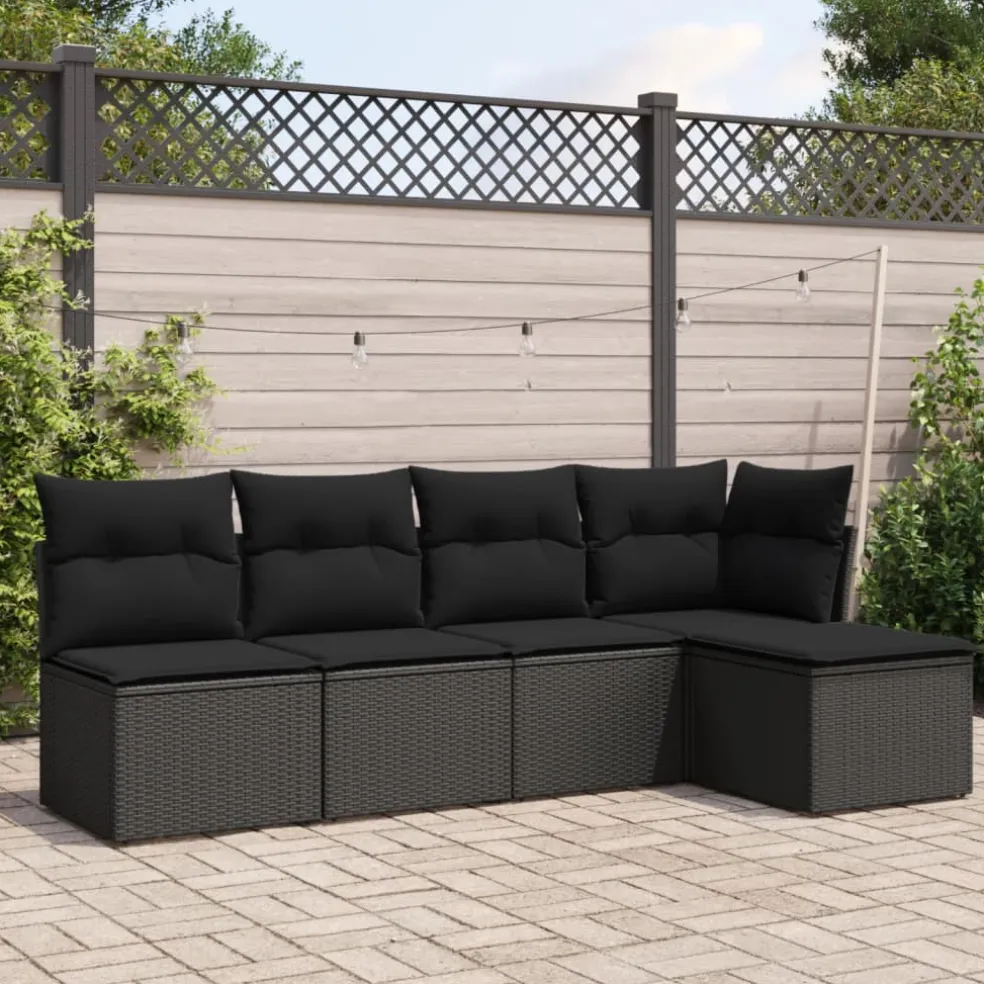 vidaXL 5-delige Loungeset met kussens poly rattan zwart