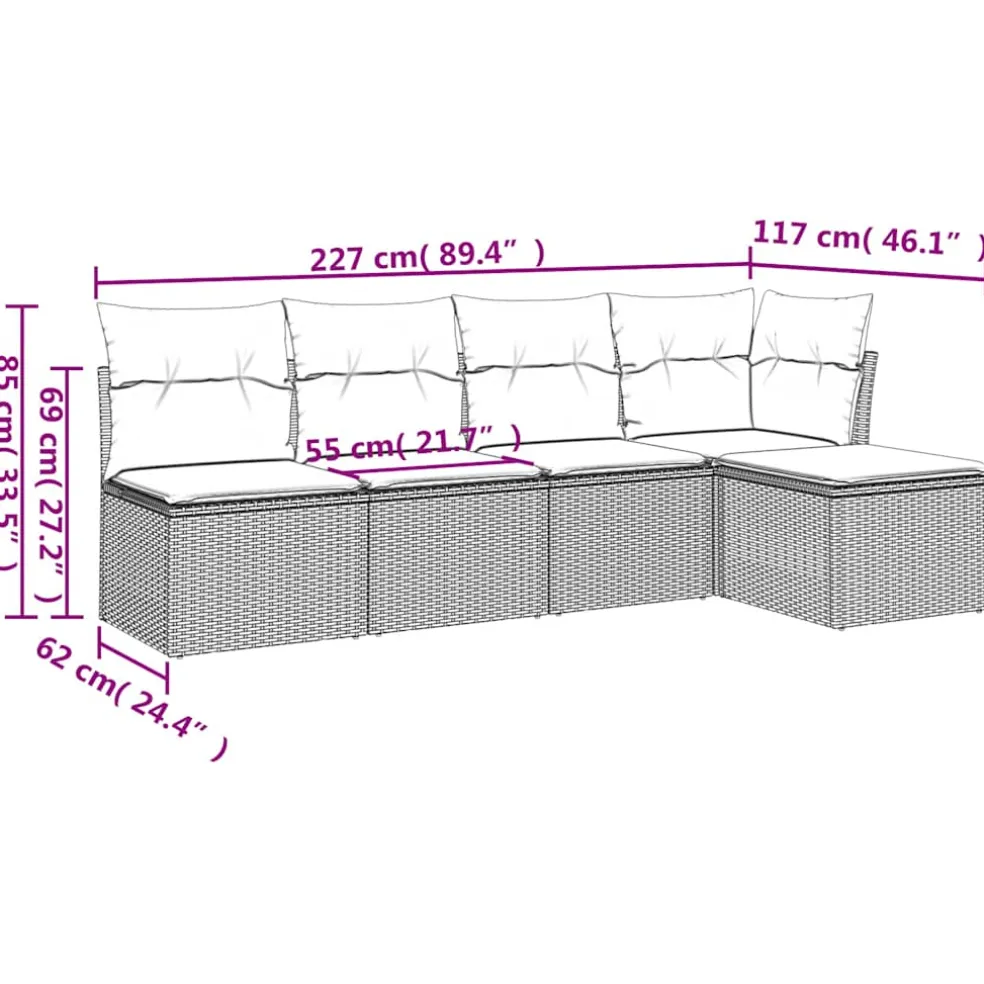 vidaXL 5-delige Loungeset met kussens poly rattan zwart
