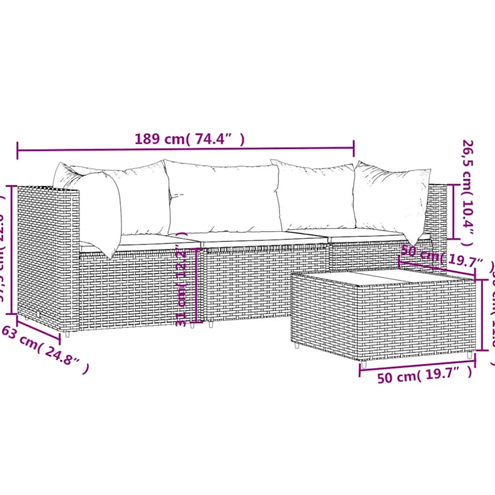vidaXL 4-delige Loungeset met kussens poly rattan zwart