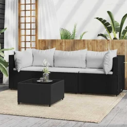 vidaXL 4-delige Loungeset met kussens poly rattan zwart