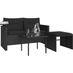 vidaXL 3-delige Loungeset met kussens poly rattan zwart