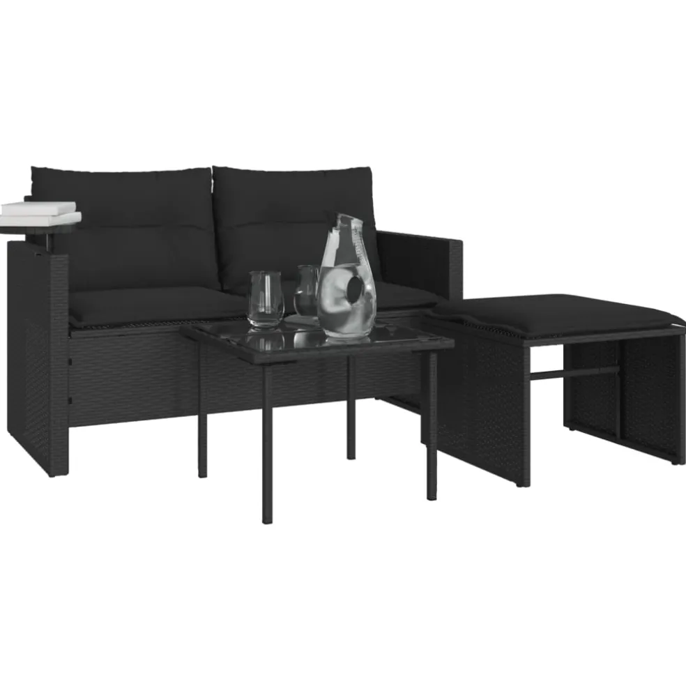 vidaXL 3-delige Loungeset met kussens poly rattan zwart