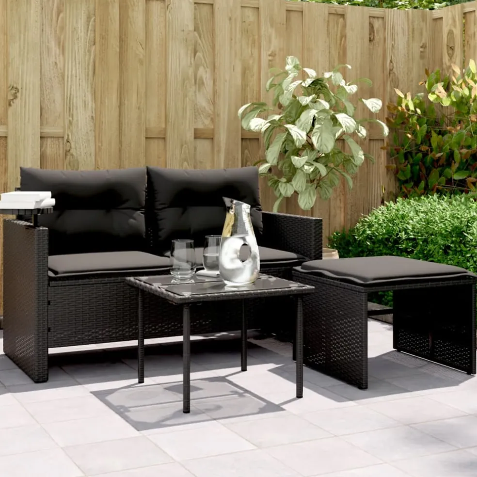 vidaXL 3-delige Loungeset met kussens poly rattan zwart