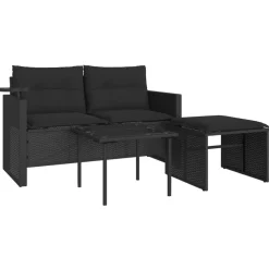 vidaXL 3-delige Loungeset met kussens poly rattan zwart