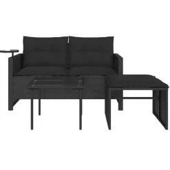 vidaXL 3-delige Loungeset met kussens poly rattan zwart