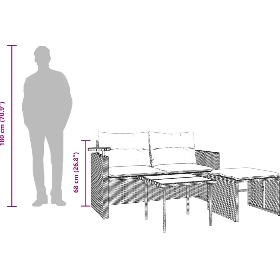 vidaXL 3-delige Loungeset met kussens poly rattan zwart