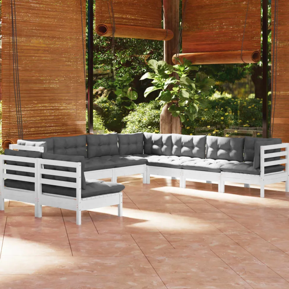 vidaXL 9-delige Loungeset met kussens massief grenenhout wit
