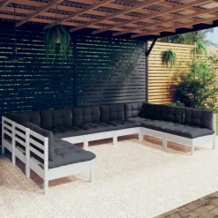 vidaXL 9-delige Loungeset met kussens massief grenenhout wit