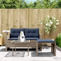 vidaXL 3-delige tuinbankset met kussens, grijs polyrotan