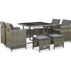 vidaXL 9-delige Tuinset met kussens poly rattan grijs