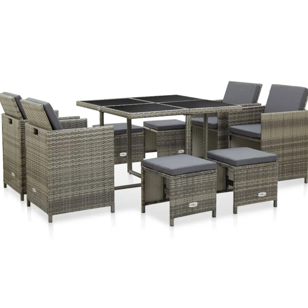 vidaXL 9-delige Tuinset met kussens poly rattan grijs
