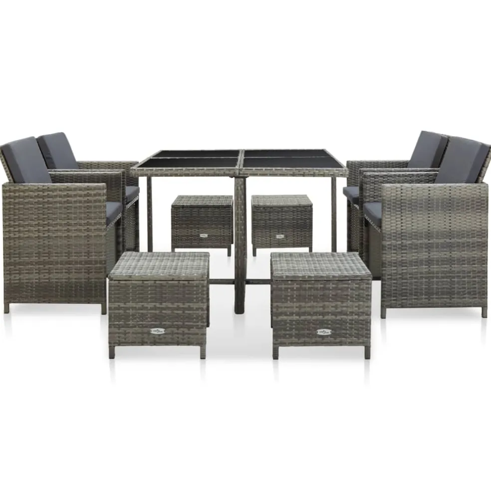 vidaXL 9-delige Tuinset met kussens poly rattan grijs