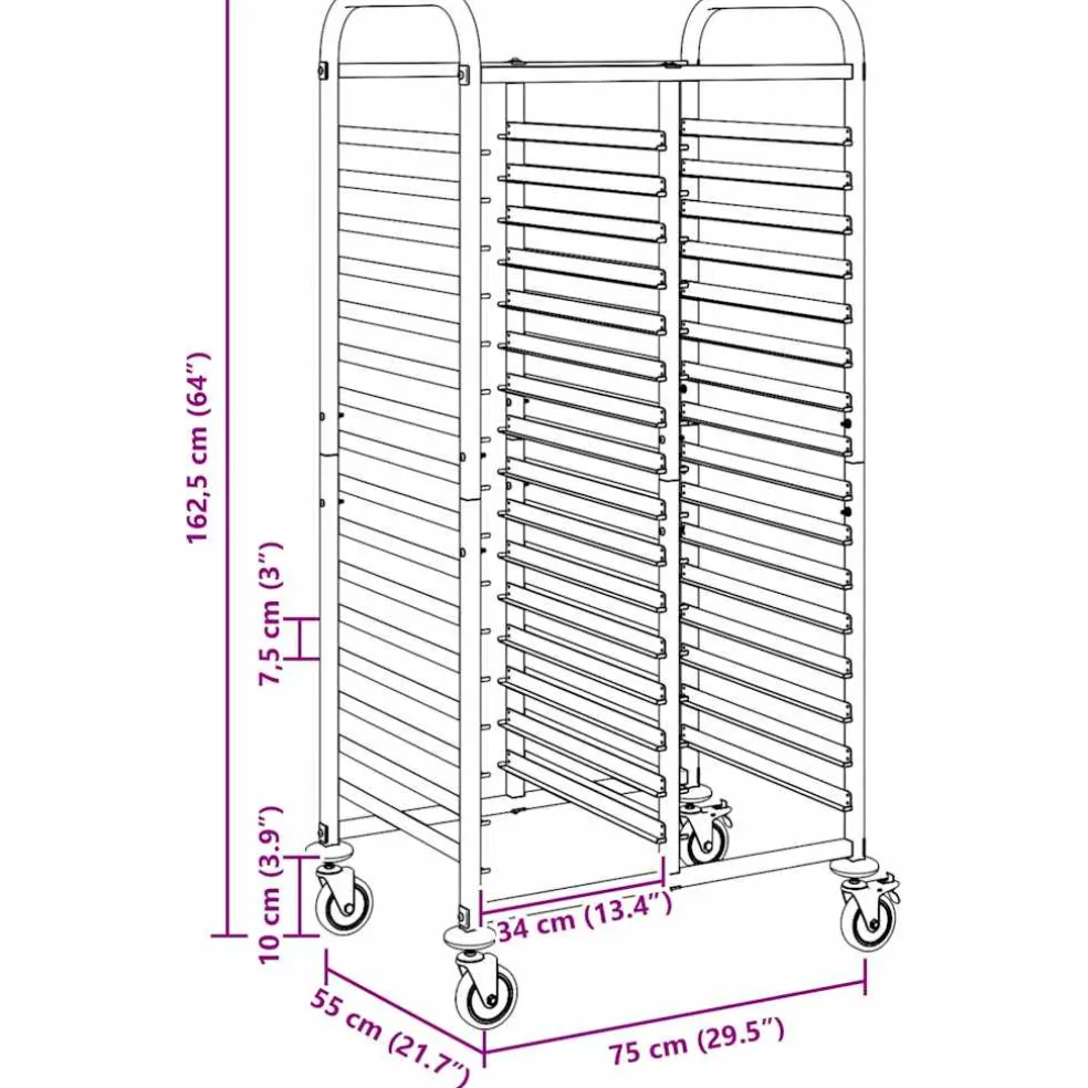 vidaXL Dienbladenwagen met 32 GN-bakken 75x55x162,5 cm roestvrij staal