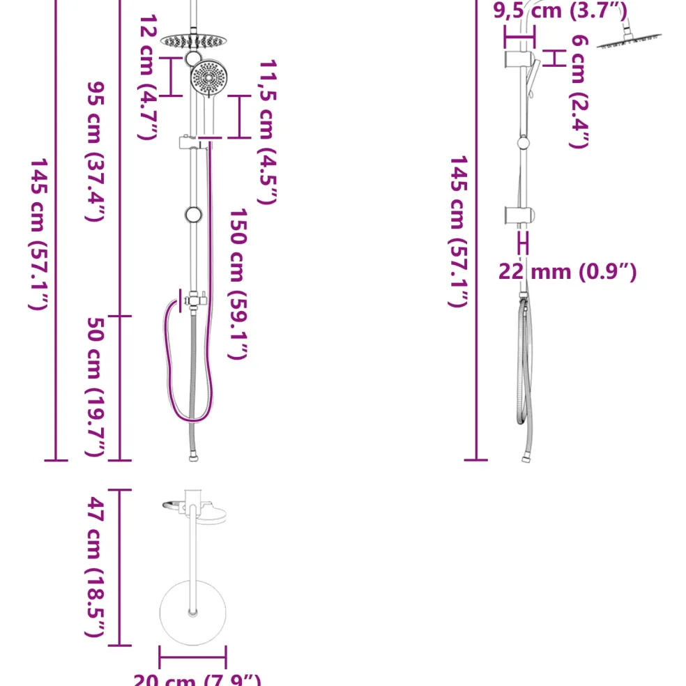 vidaXL Douche systeem zilver 47 x 20 x 95 cm Roestvrij staal