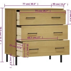 vidaXL Dressoir met 3 lades OSLO 77x40x79,5 cm grenenhout bruin