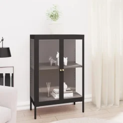 vidaXL Dressoir 75x35x105 cm staal en glas zwart