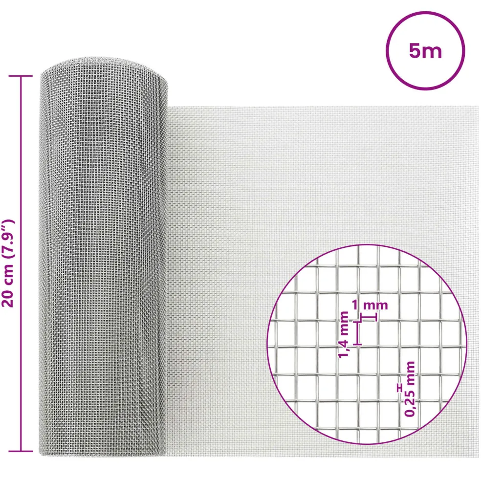 vidaXL Gaasnet 20 x 500 cm 18 mesh Roestvrij staal 304 zilver