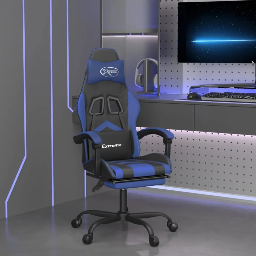 vidaXL Gamestoel draaibaar met voetensteun kunstleer zwart en blauw