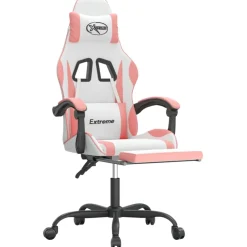 vidaXL Gamestoel draaibaar met voetensteun kunstleer wit en roze