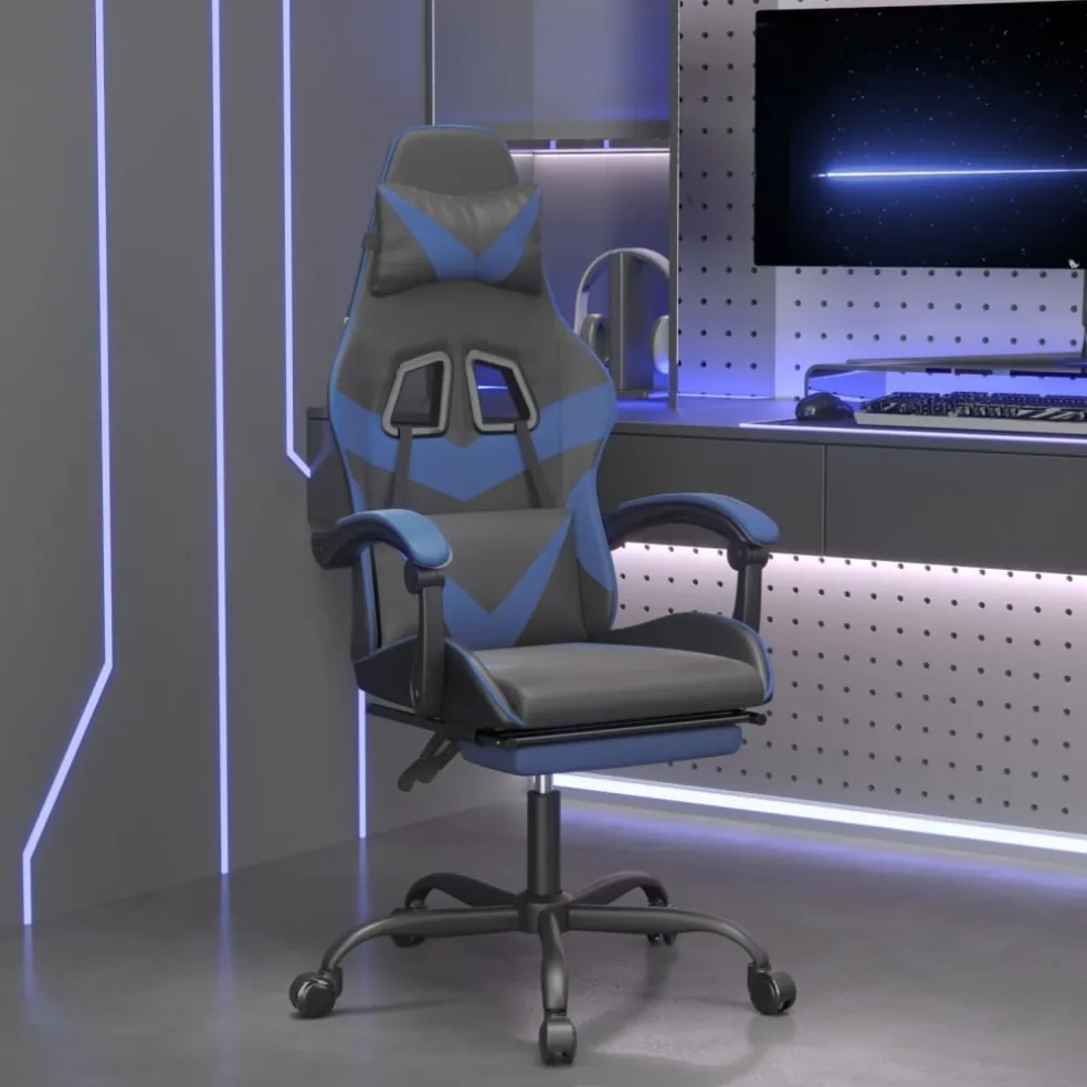 vidaXL Gamestoel draaibaar met voetensteun kunstleer zwart en blauw