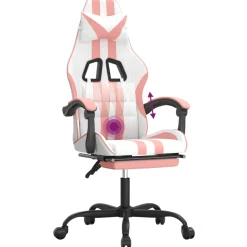 vidaXL Gamestoel draaibaar met voetensteun kunstleer wit en roze