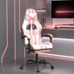 vidaXL Gamestoel draaibaar met voetensteun kunstleer wit en roze