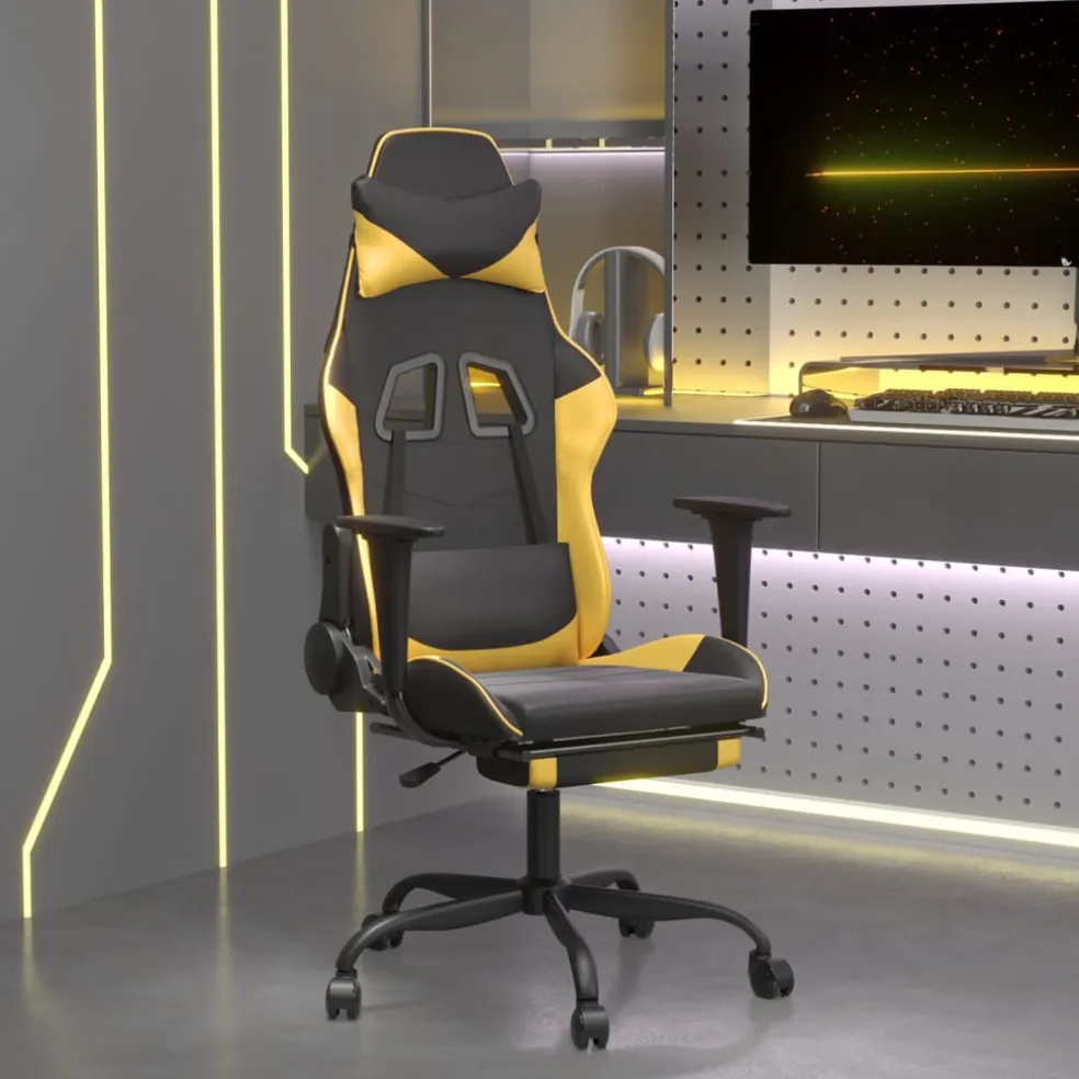 vidaXL Gamestoel met voetensteun kunstleer zwart en goudkleurig